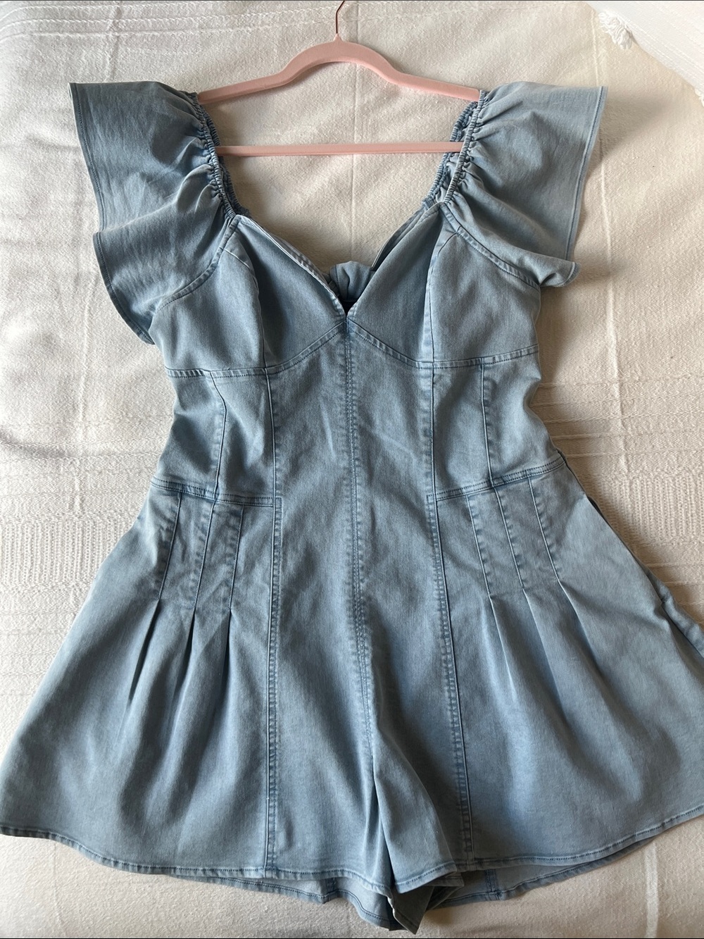 Light Denim Romper with Ruffled Cap Sleeves